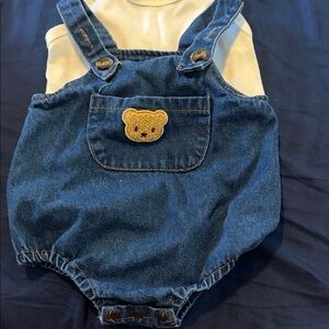 SHEIN Blue Denim Baby One-Piece Overalls with Cream Tee and Gold Bear Patch